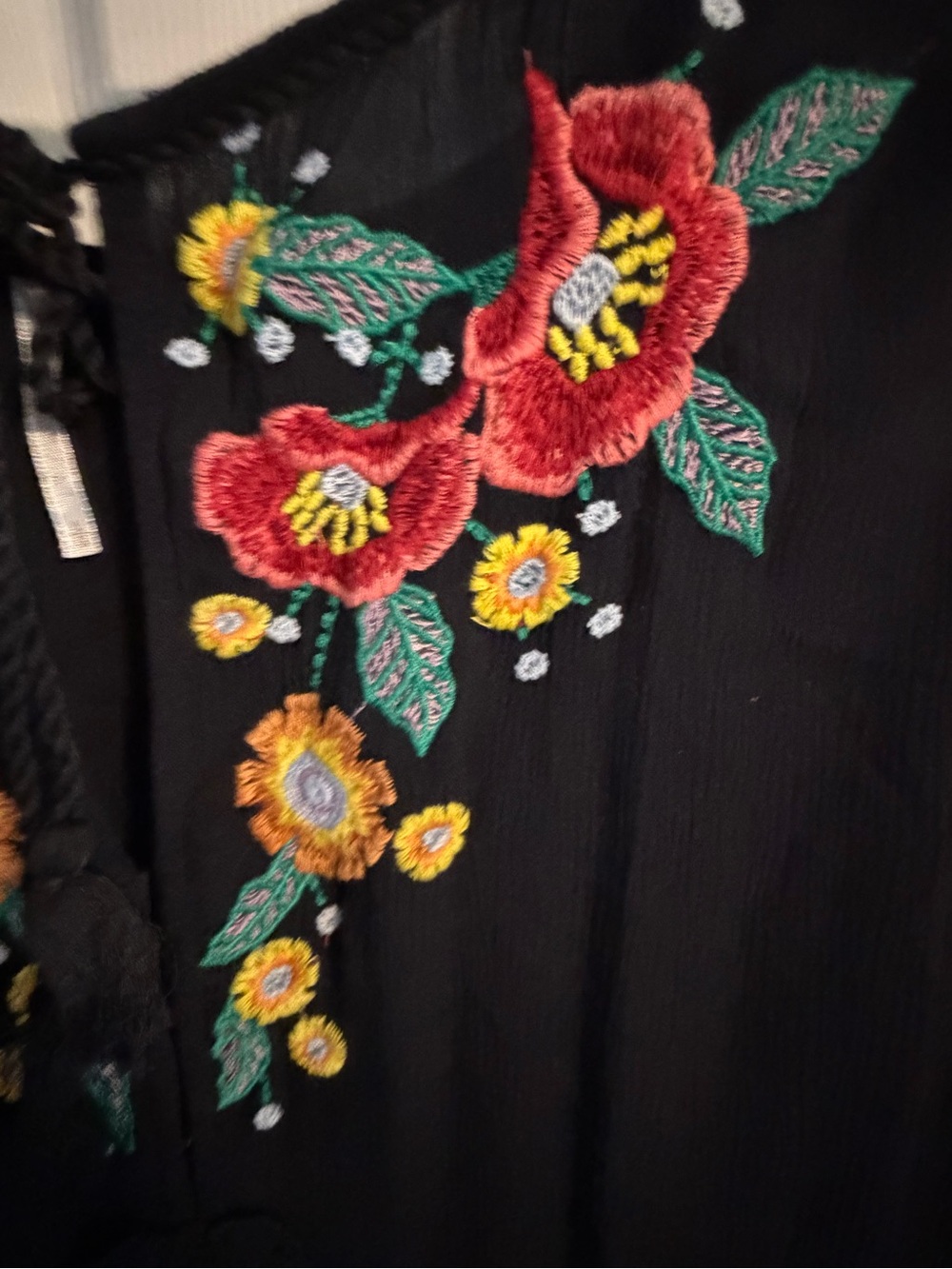 Free People Black Mini Dress with Red & Yellow Floral Embroidery - Picture 3 of 5